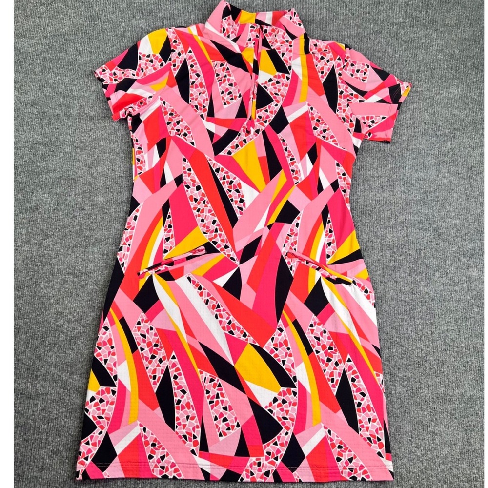 IBKUL Golf Dress Womens Small Pink Geometric UPF 50+ Short Sleeve Mock Neck Zip